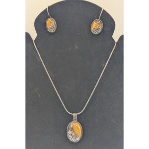 Vintage Mexico 925 Sterling Silver Tiger Eye Floral Necklace Earrings Set 20g